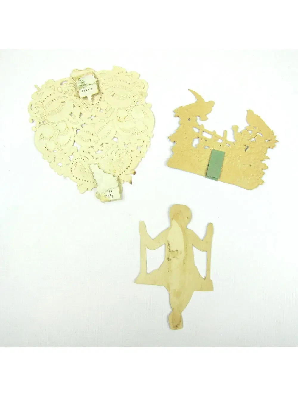 3 Vintage Valentine Ephemera Boy Swing Fence Doves Blue Flowers Paper Lace Heart